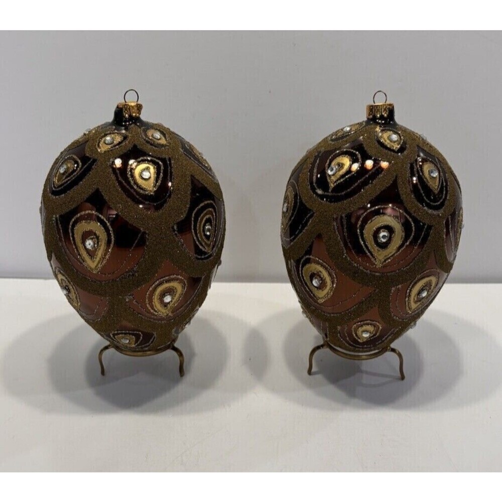 Vintage Hand Blown & Painted Glass Egg Christmas Ornament Diamond Glitter Set 2